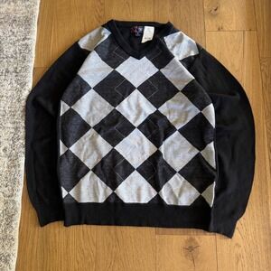 VTG Cambridge Classics Argyle Sweater Mens XL V-Neck Black Pullover Knit Y2K